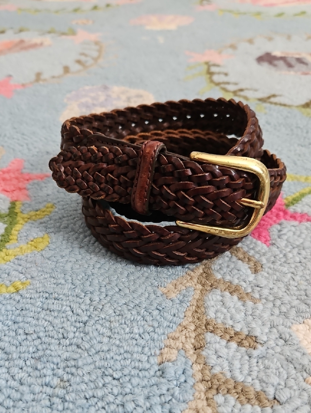 Lands' End Braided Dark Brown Leather Belt with Gold Buckle